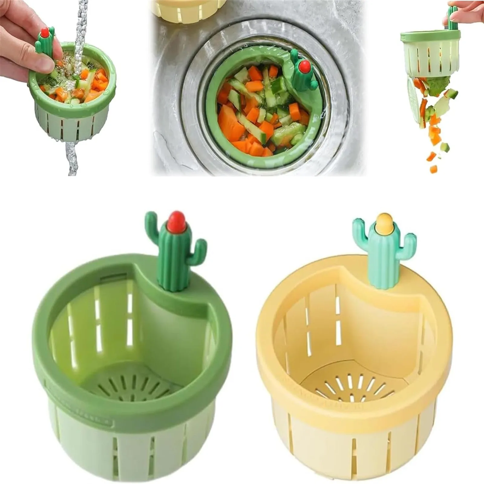 

Cute Cactus Sink Strainer Kitchen Sink Trash Collector with Pressure Automatic Dump Basket Universal Plastic Drain Strainer
