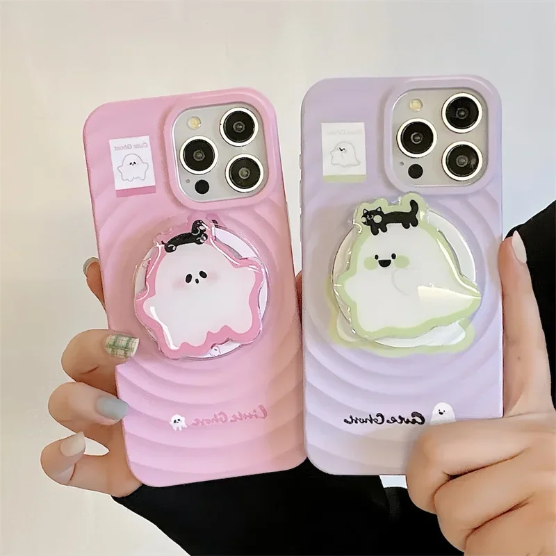 Fun Cute Little Ghost Magnentic Phone Case For iPhone 15 Pro 12 14 13 Pro Max 15pro Cover Ripples with Magsafe Holder Cases Girl