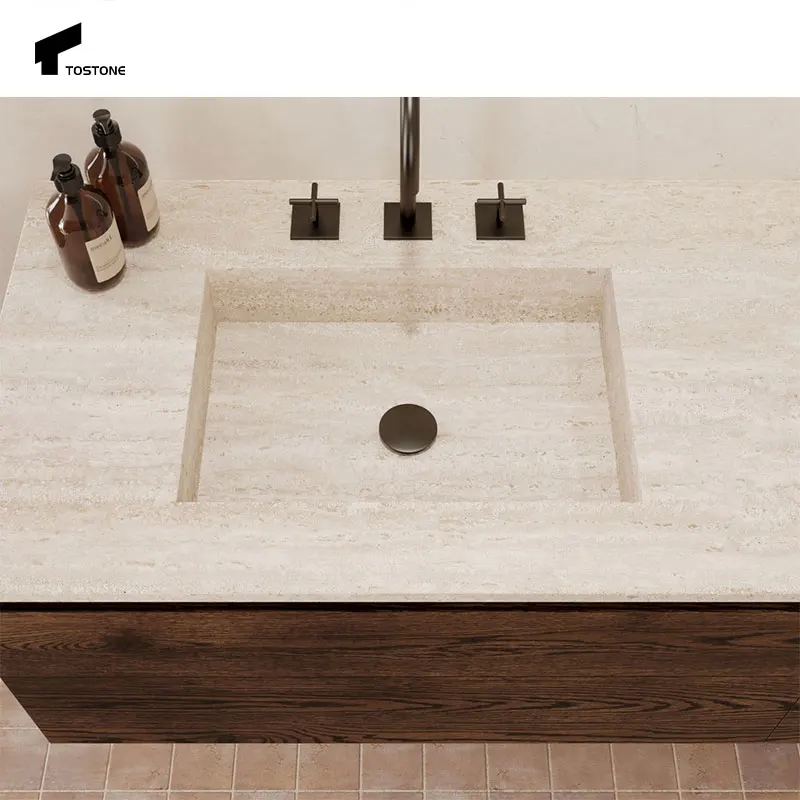 Modern Natural Super White Rectangle Travertine Vanitytop For DDP Delivery Bathroom Furniture Practical Home Decoration