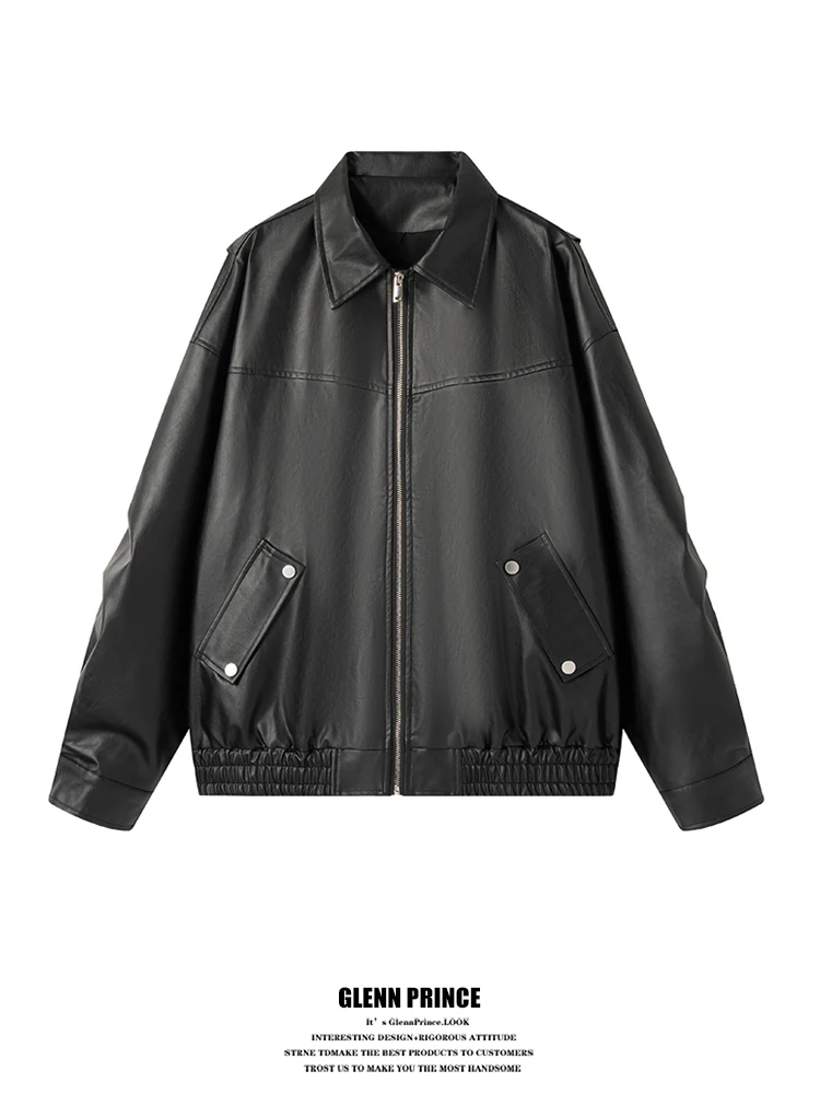 

GPstudio Retro Patchwork Zipper Collar Bla Leather Jaet Men's Trendy High-End Versatile Couple's Outerwear Casual Sle