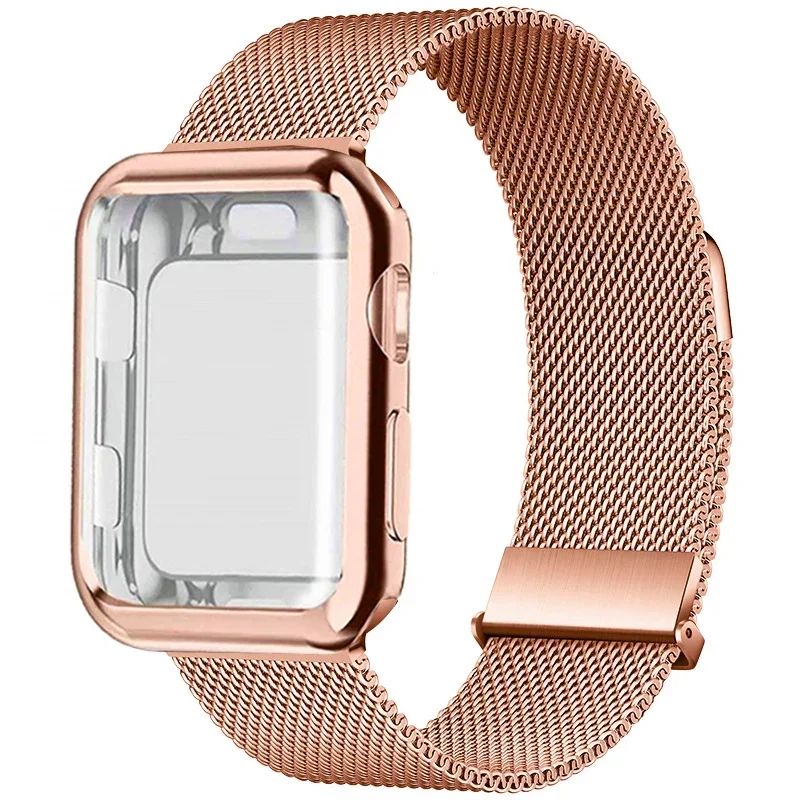 Milanese Loop+Case For Apple Watch Bands 45mm 44mm 38mm-42mm 41/40mm Metal Magnetic bracelet iwatch Serie 9 8 7 6 5 4 3 SE Strap image 2