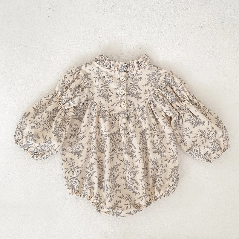 Baby-Mädchen Blumenmuster Bubble-Strampler mit Rüschenkragen, langen Puffärmeln, Baumwoll-Body für Neugeborene, Herbst-Einteiler-Outfit 0-24M – Detail 3