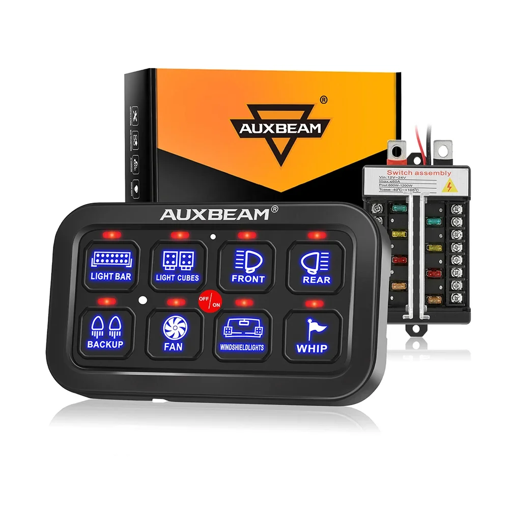 AUXBEAM BB80 8 Gangs Switch Panel 12-24V 600W/1200W Car Lights Electric Relay Universal LED Light On-Off Power Control System