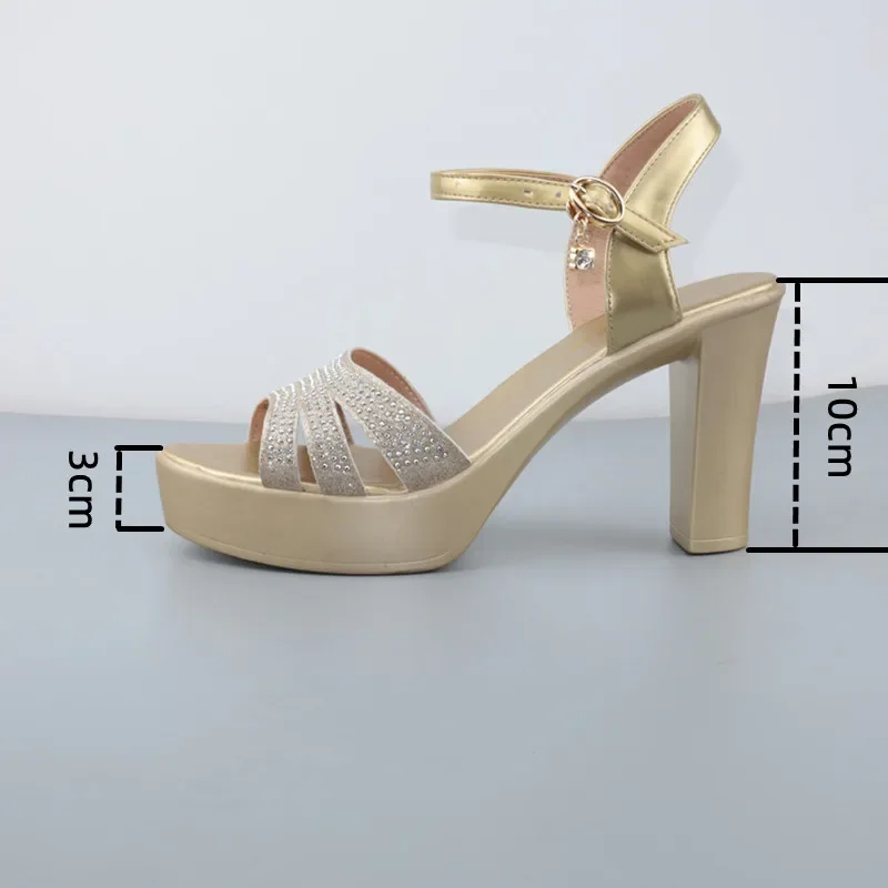 Big Size 32-43 Platform Sandals Women Wedding Shoes Summer 2024 Rhinestone Block High Heels Sandals Gold Silver Leather Party