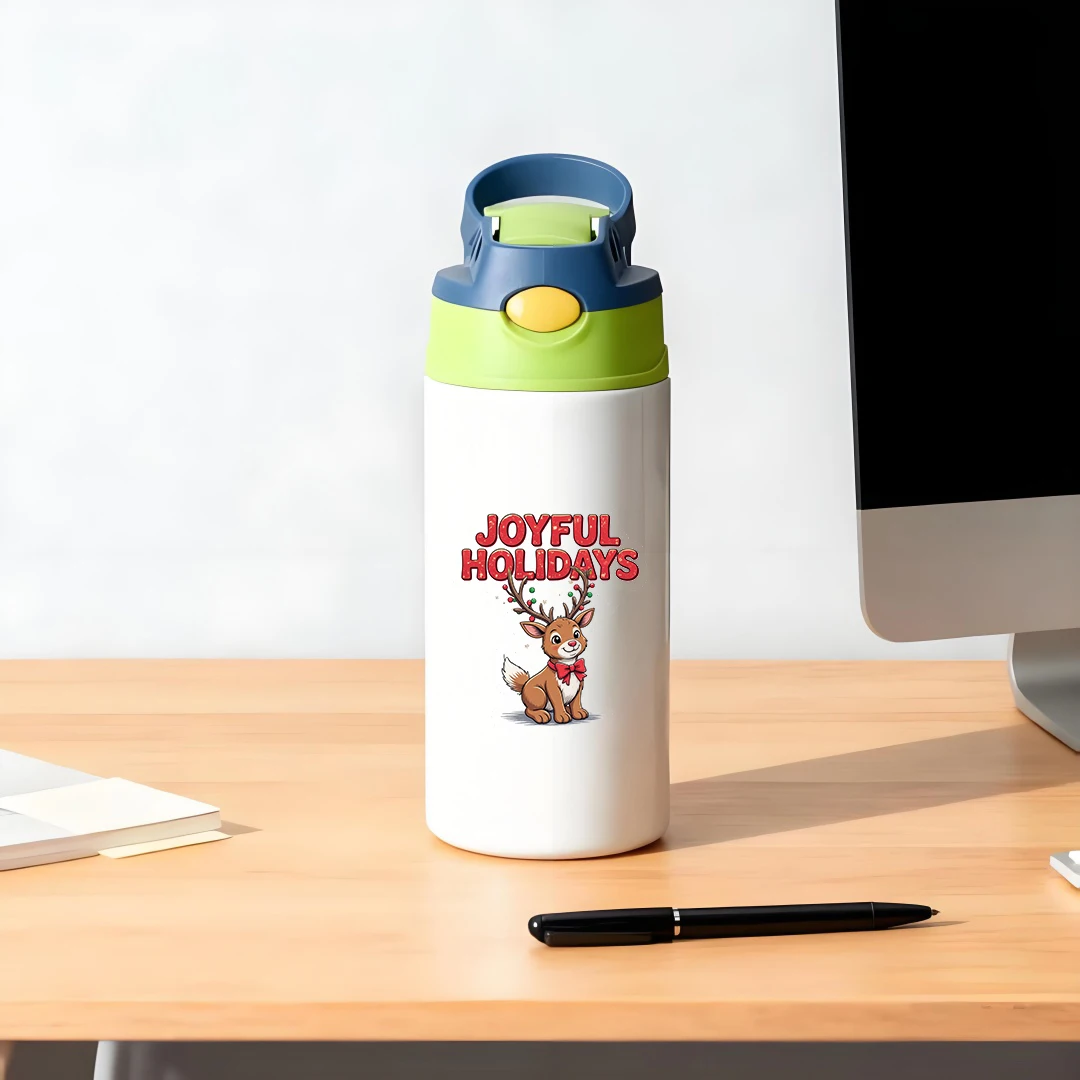 Cangkir termal baja tahan karat 304 + cangkir Natal tanduk rusa kartun + cangkir sedotan anak-anak + hadiah Natal JOYFUL HOLIDAYS