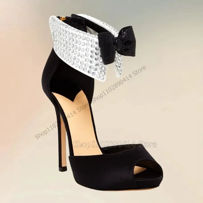 

Black Bow Knot Crystal Decor Peep Toe Platform Sandals Back Zipper Women Shoes Thin High Heels Fashion 2023 Zapatos Para Mujere