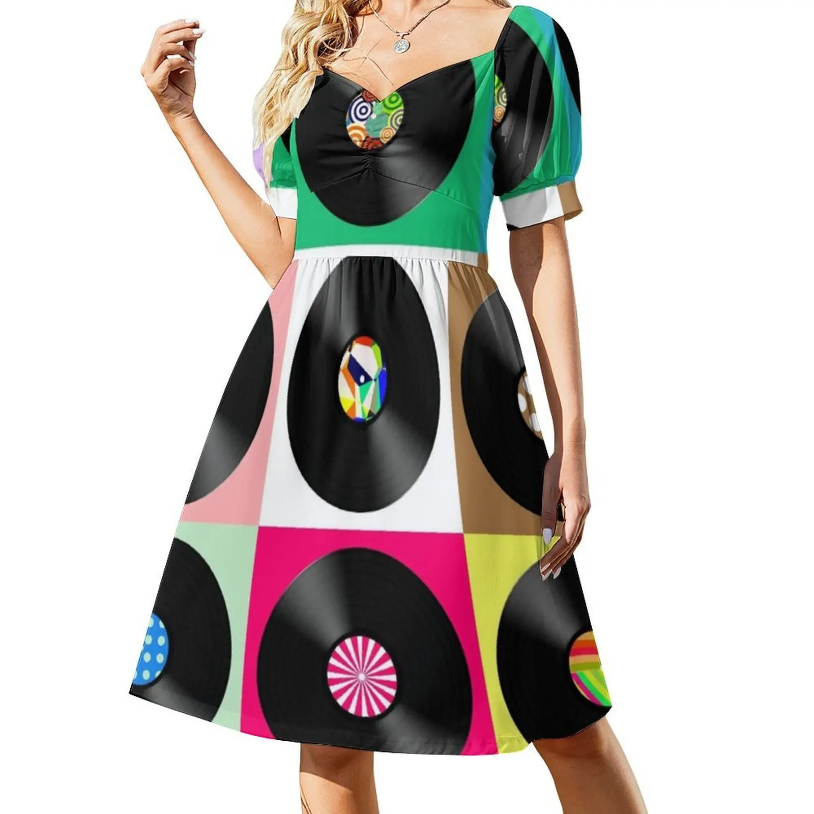 الستينات ريترو خمر الفينيل السجلات Preppy نمط فستان قصير للنساء ألف خط فضفاض صالح فستان يوم غير رسمي الموسيقى القرص الدوار الصوت