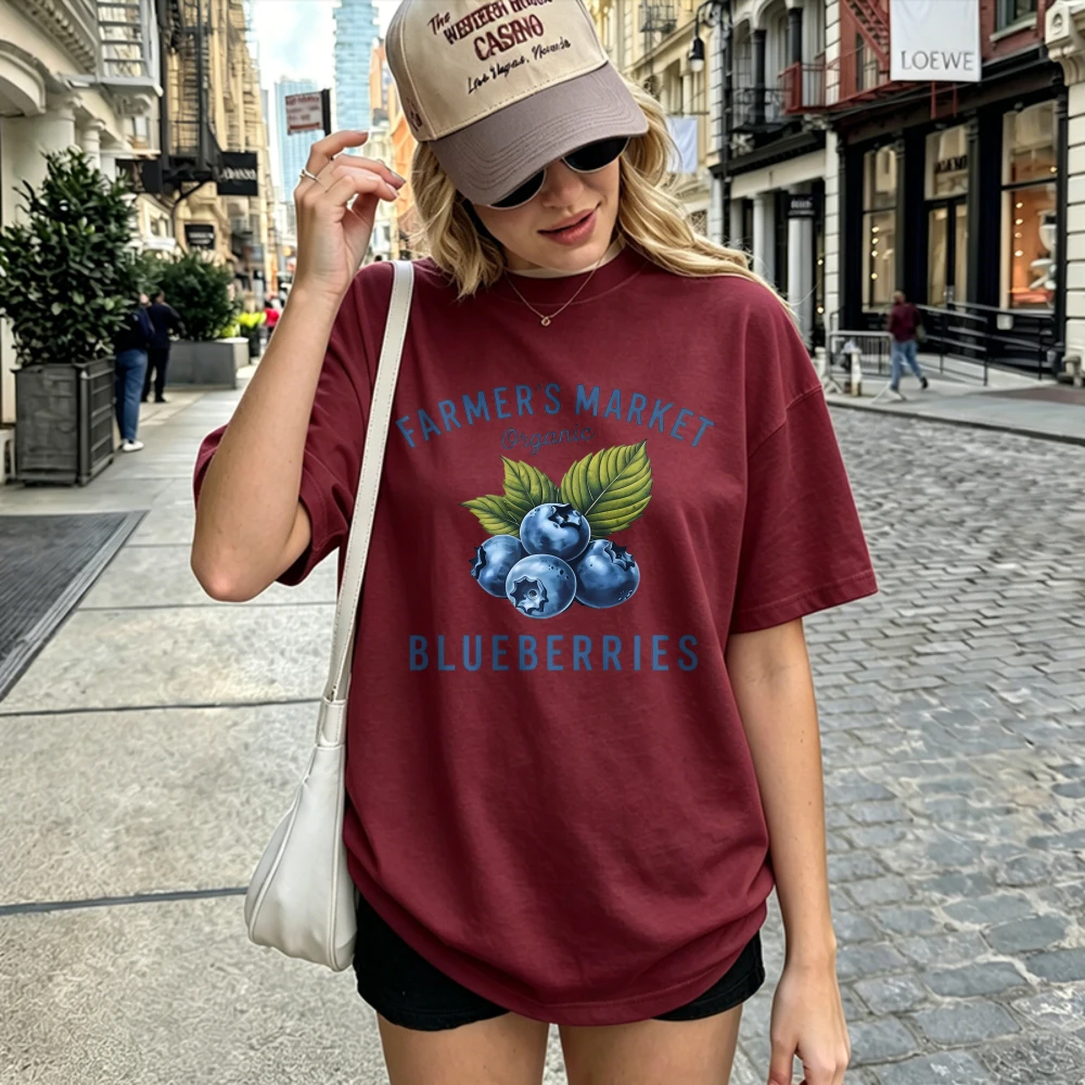 Farmers Market Organic Blueberry Leaf Vintage Letter Graphic T Shirt Cotton Retro Farm Fruit Print Cottagecore Countryside Tops