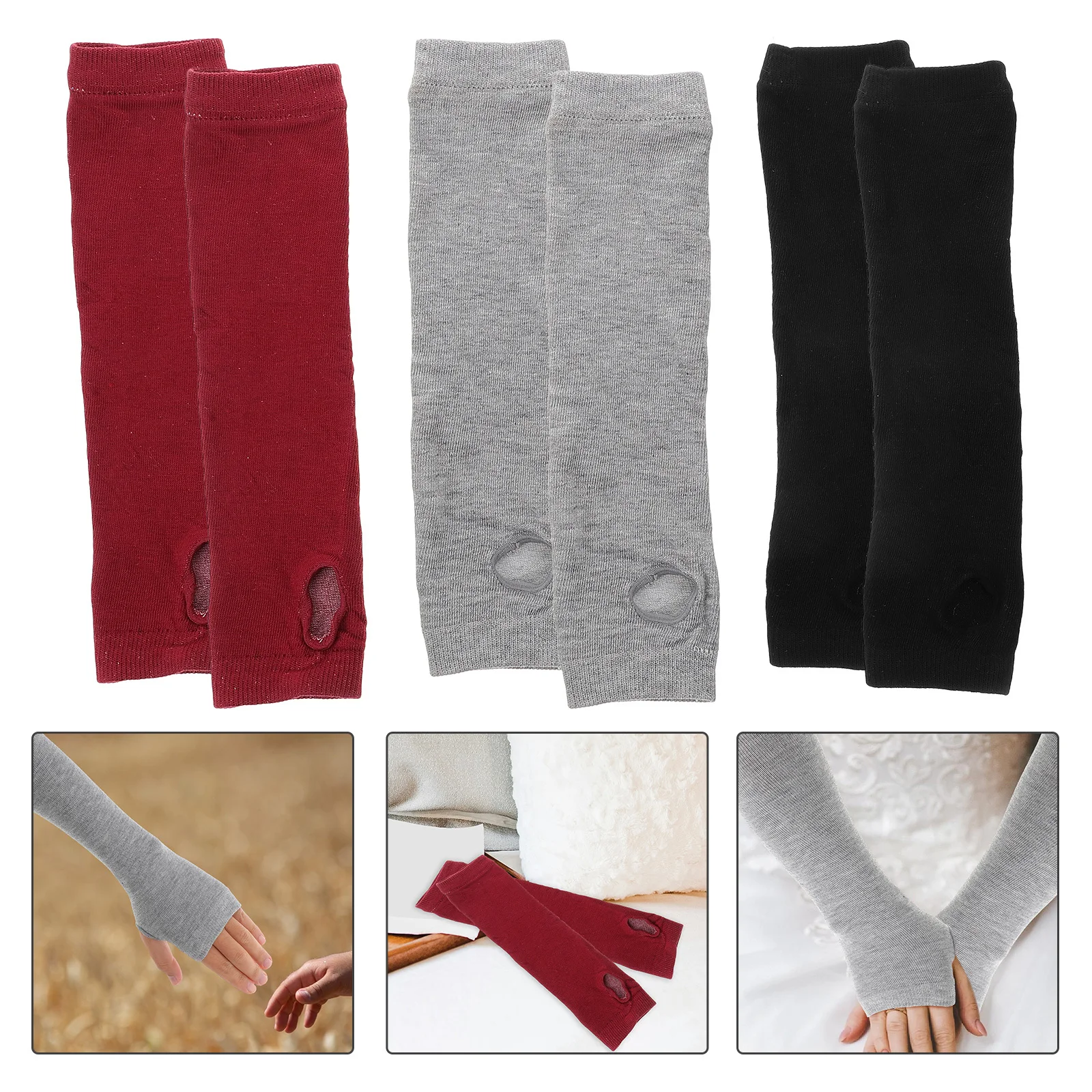 3개입 팔꿈치 길이 손가락 없는 장갑 얇은 스타일 팔 슬리브 여성용 부드러운 면 혼방 엄지 구멍 워머 봄 가을 야외용