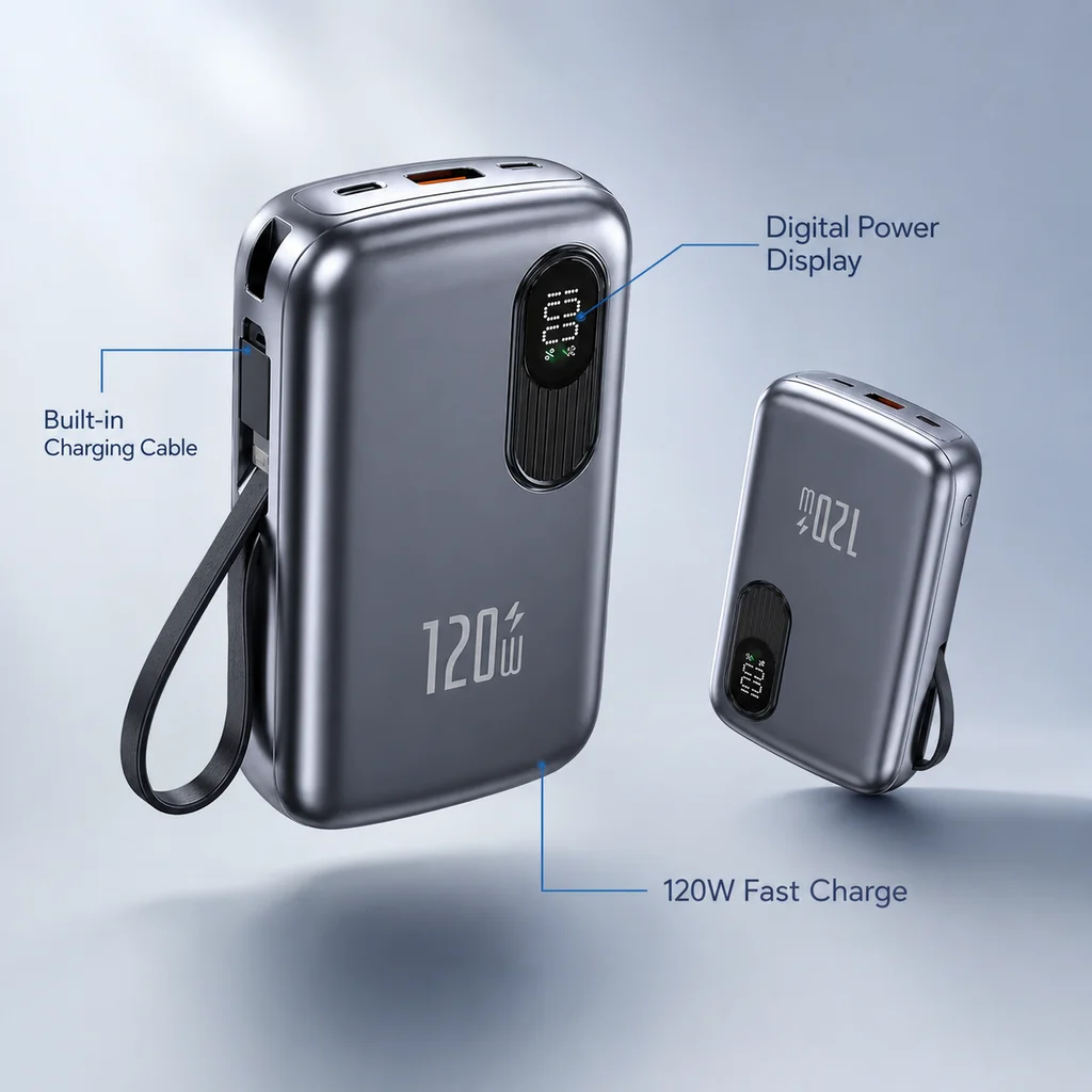 Power Bank 20000mAh Portable Charger with Built-in Cable Digital Display Compact Metal Shell for Travel Outdoor Use