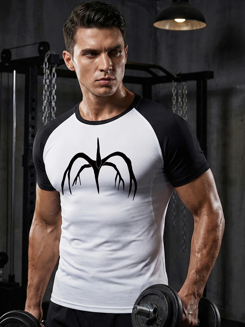 Demon Print Short Sleeve Compression Shirts for Men Athletic Quick Dry Tshirts Tees Gym Workout Fitness Running Undershirts Tops