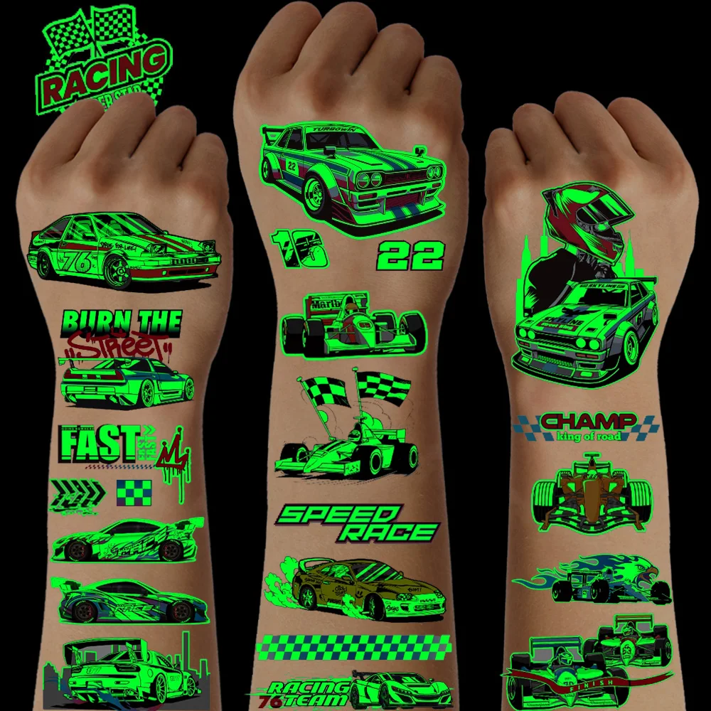 10 Blatt Leuchtende im Dunkeln leuchtende Rennwagen-Temporäre Tattoos, Rennsport-Dekorationen, Geburtstagsparty-Geschenke, Geschenke