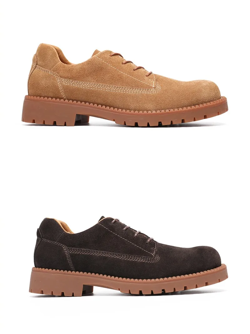 British Style Work Leather Shoes Men's Mid Heel Round Toe Lace Up Casual Motorcycle Wear-resistant Formal Genuine Leather Male