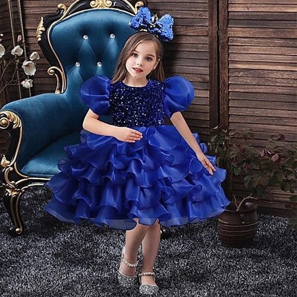 

Royal Blue Flower Girls Dresses for Kids 2024 Tiered Short Sleeve Christmas Gowns with Sequined Organza Knee Length فلور فتاة ال