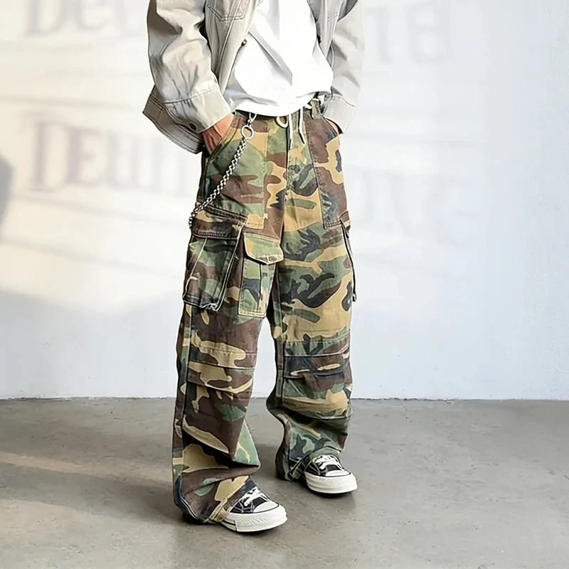 Camouflage Casual Men's Denim Jeans Cargo Pants American Style Cleanfit Straight Wide Leg Draped Jeans Unisex Chic Bottoms