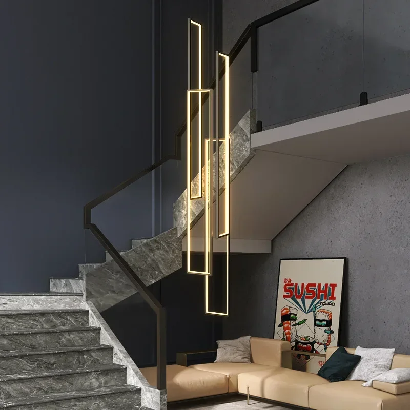Nordic Luxury Geometric LED Chandelier Staircase Villa Duplex Creative Black Gold Hanging Lamps Attic Living Room Lighting Decor