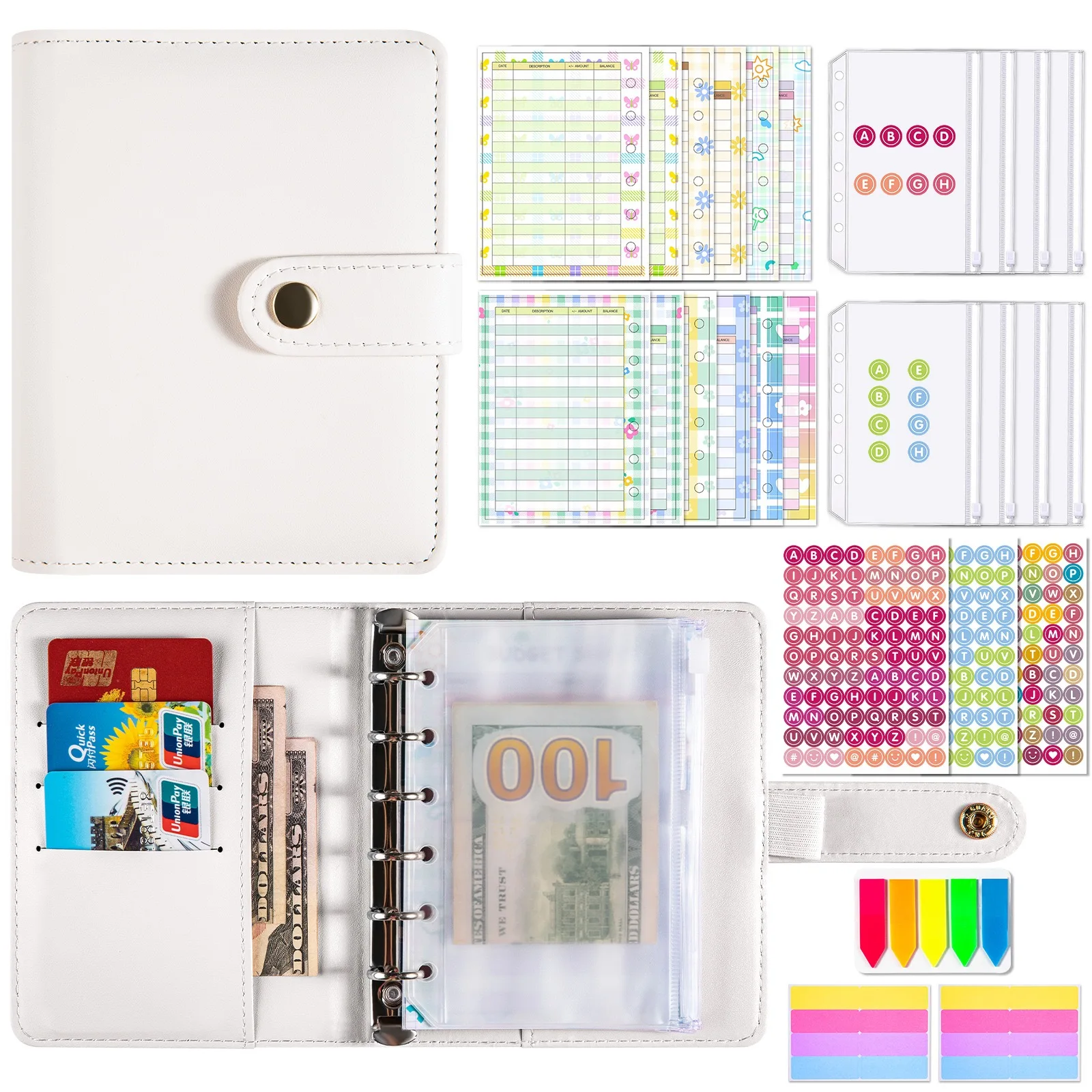 A7 Budget Binder Set, Planner Binder,Alphabet Stickers Refill Paper, Clear Binder Pocket 6 Rings Cash Stuffing Envelope System