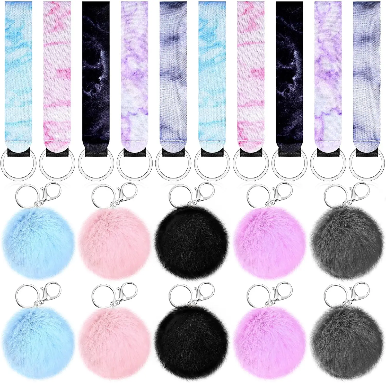 20Pieces Marble Lipstick Holder 10 Keychain Colorful Lip Balm Holder 10 Cute Pompom Keyring Women Wristlets for Keychains