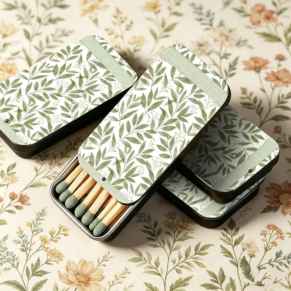 Green Leaf Pattern Tin Matchboxes Decorative Safety Matches with Long Wooden Sticks for Candles and Home Decor
