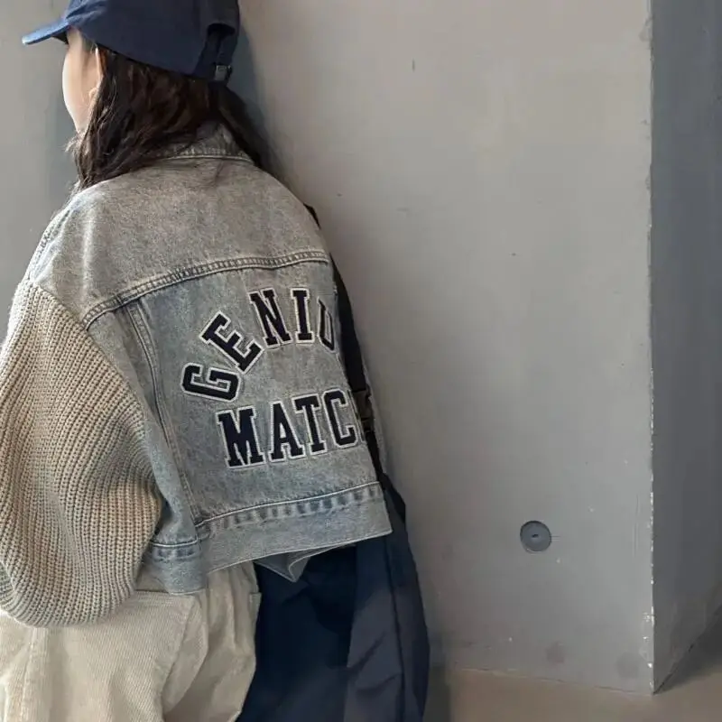 Teen Girls Denim Jacket Spring and Autumn New Children's Leisure Splicing Short Coat 100-160cm