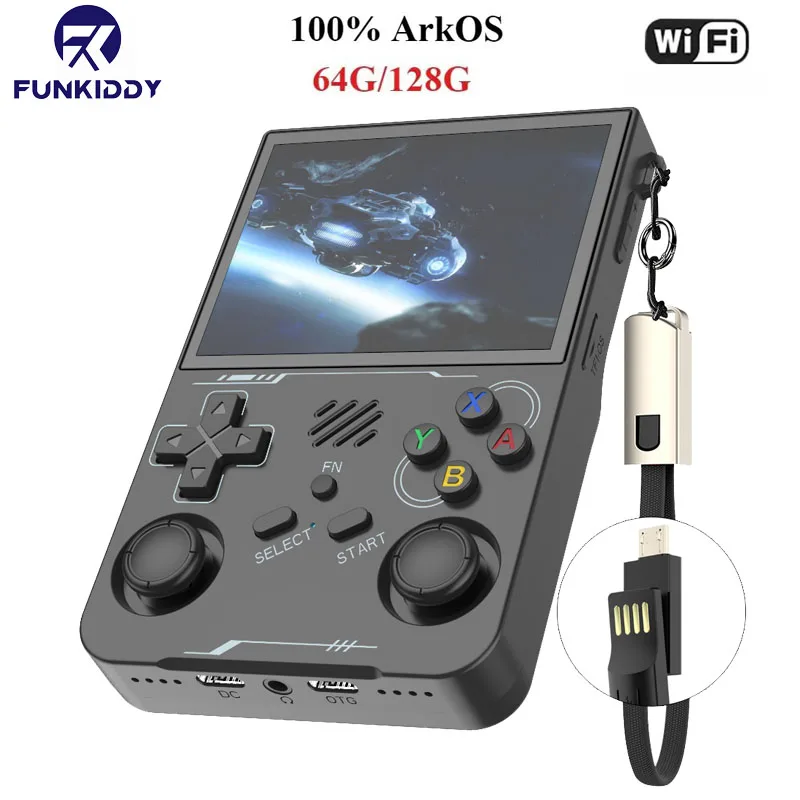 100 % ArKOS R36XX Retro-Handheld-Spielekonsole, Linux-System, 3,5-Zoll-IPS-Bildschirm, 64/128 GB/256 GB, Game-Player, aktualisierte Version, Schwarz
