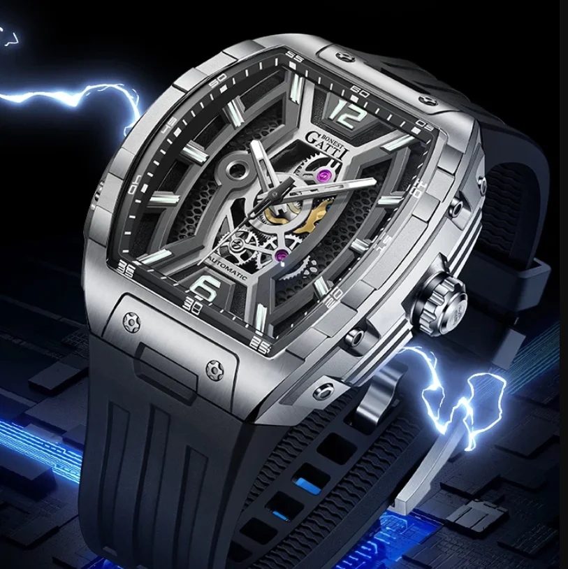 

BONEST GATTI Men Automatic Watch 50mm Tonneau Mechanical Wristwatch Skeleton Dial 50m Waterproof Sapphire Luminous