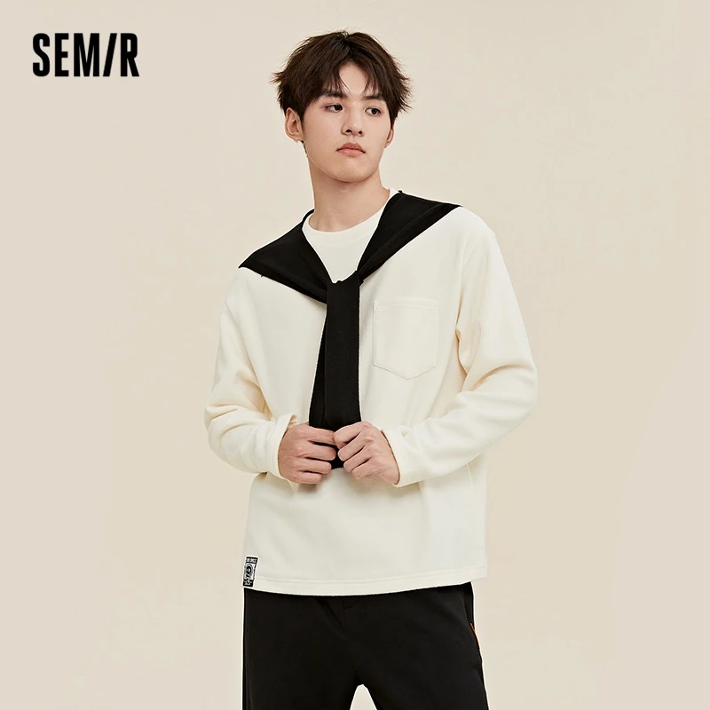 Semir Long-Sleeved T-Shirt Men Simple Solid Color Spring Polar Fleece Plus Velvet Round Neck Long-Sleeved Shirt