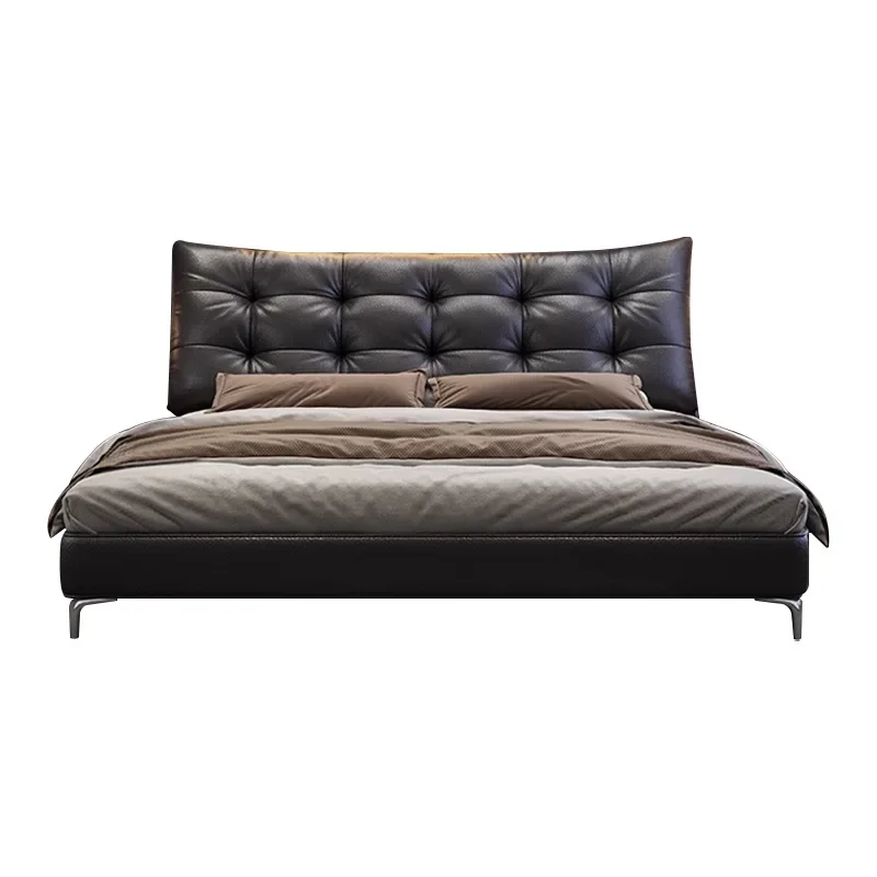 

Retro black waffle bed, Italian minimalist leather bed, bedroom 1.8 meters double, first layer cowhide leather art