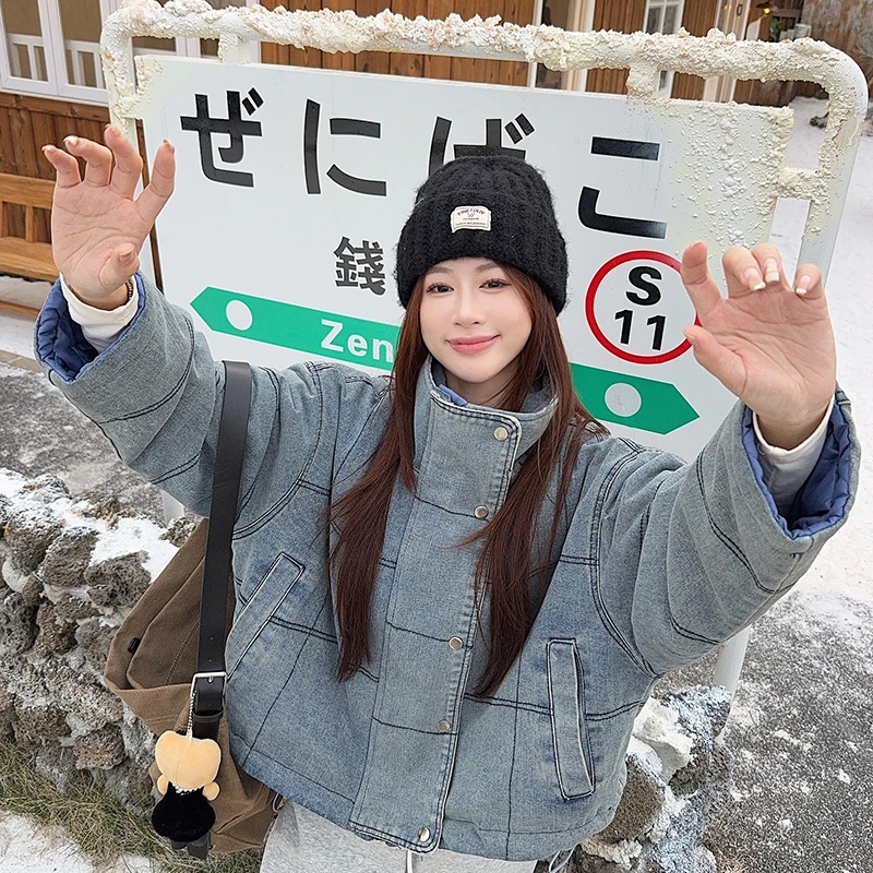 

Женское винтажное осенне-зимнее джинсовое пальто, американская уличная толстая теплая хлопковая куртка, повседневная верхняя одежда с длинными рукавами и воротником-стойкой