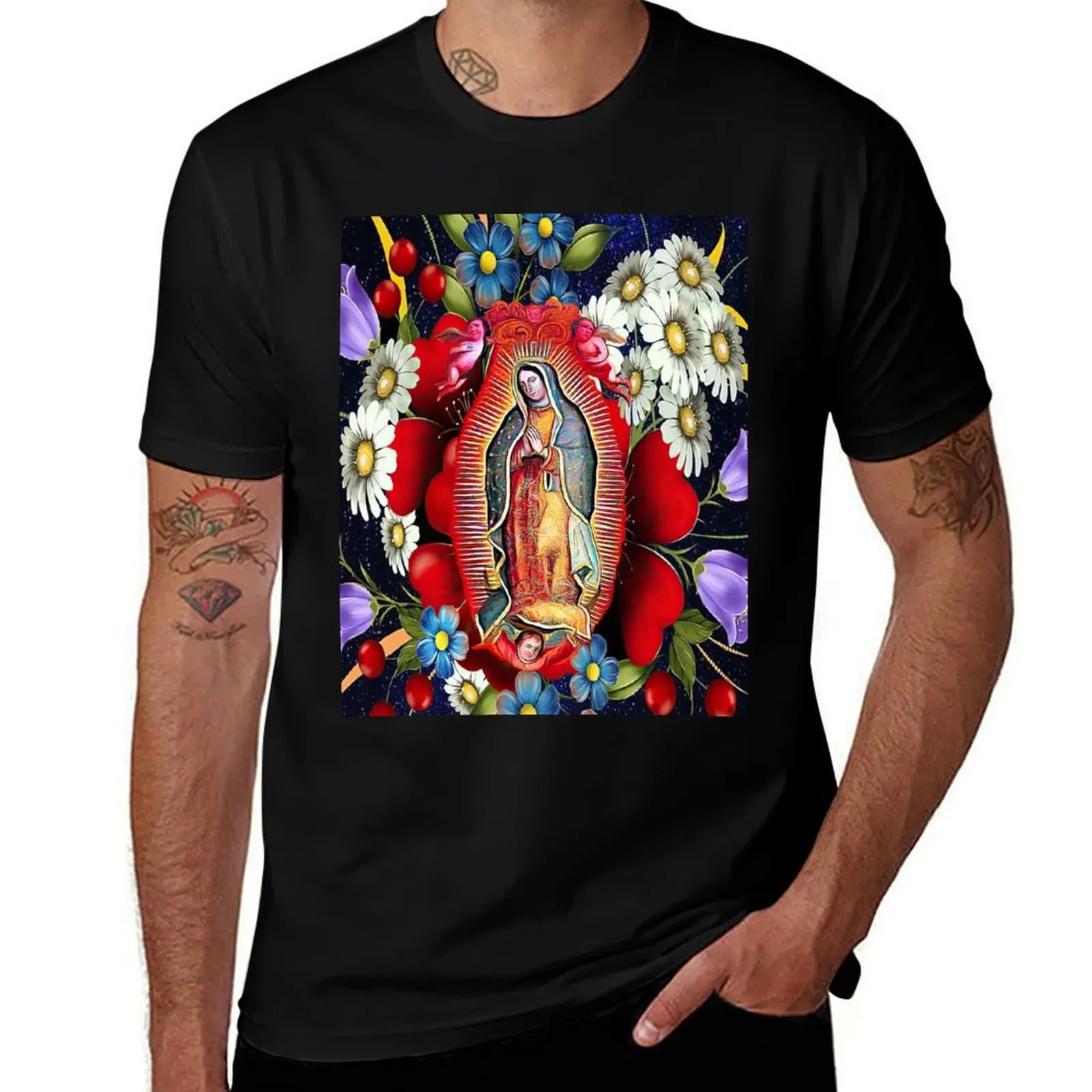 Our Lady of Guadalupe Mexican Virgin Mary Mexico Flowers Tilma T-Shirt Water Resistant Casual T-Shirt