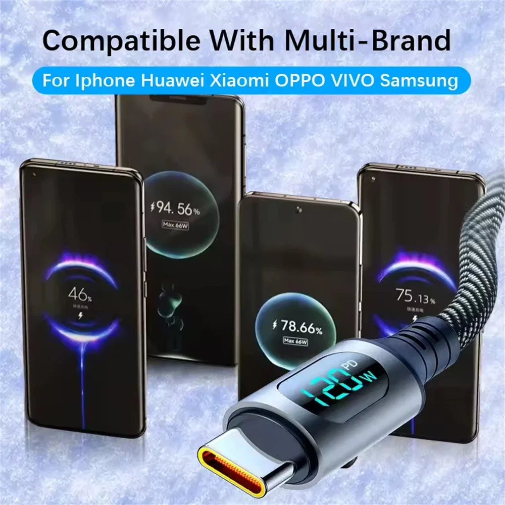 6A 120W USBA to Type C Super Fast Charge Cable Nylon Data Cord for  Xiaomi POCO Samsung With Led Digital Display Cable image 6