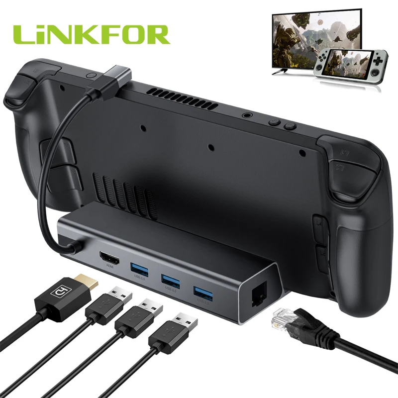 

LiNKFOR 6-in-1 Steam Deck Dock HDMI-compatible 2.0 4K 60Hz /Gigabit Ethernet /USB 3.0/100W USB C PD Port Output For Steam Deck