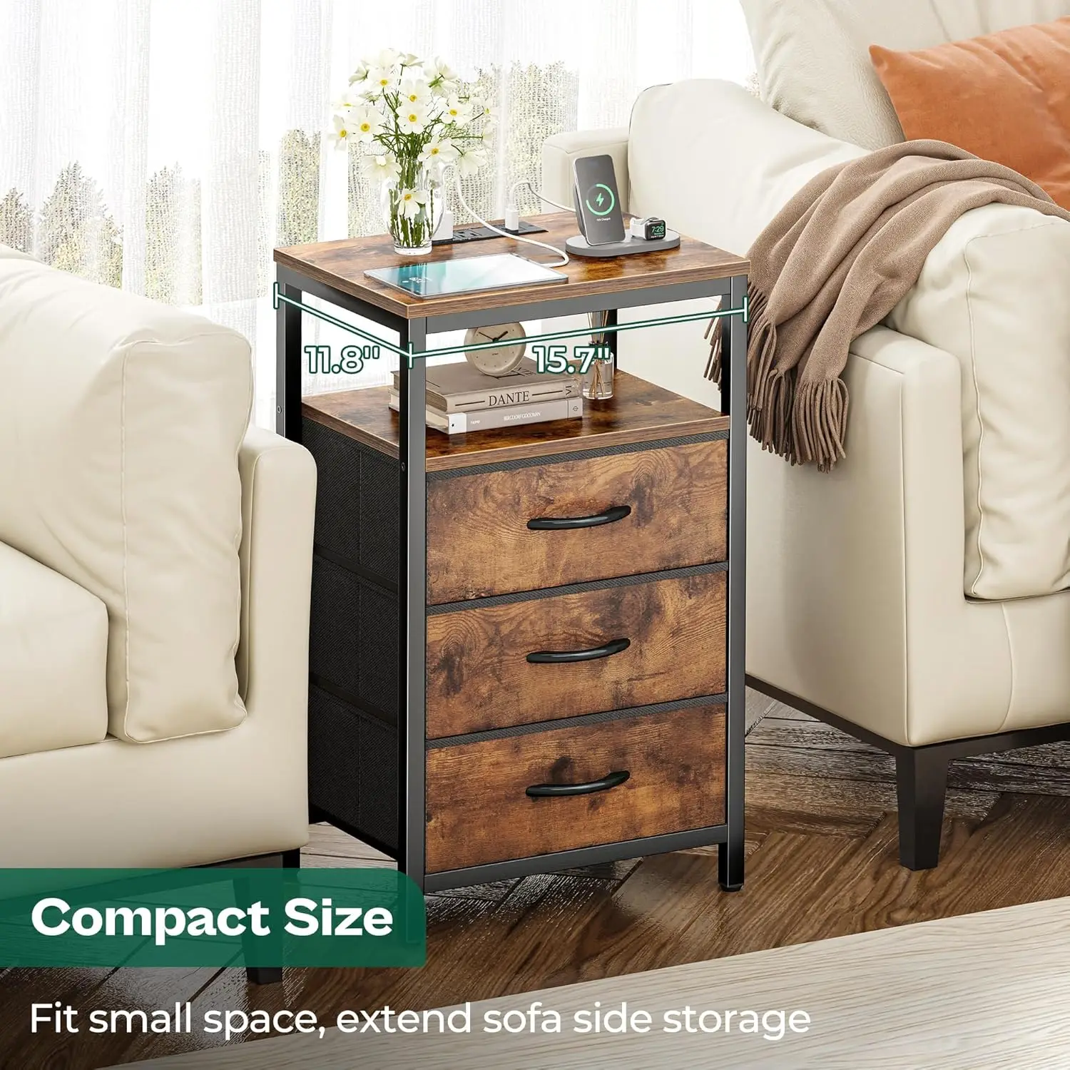 Nightstand with Charging Station, 27.6 Inch Bedside Table with Fabric Drawers, End Table with USB Ports and Outlets, Night St