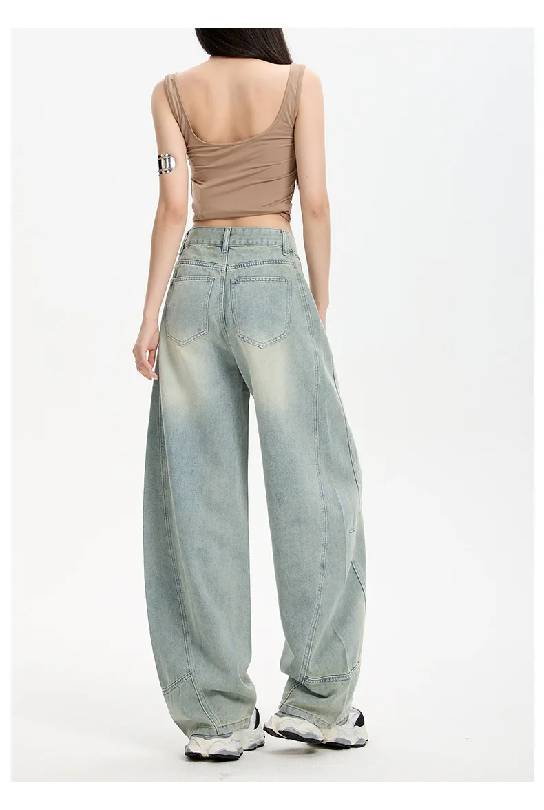 涼しく通気性の良いテンセルの薄手ハイウエストワイドジーンズ。 夏の女性のための新しいアメリカンレトロなルーズ三日月型ジーンズ