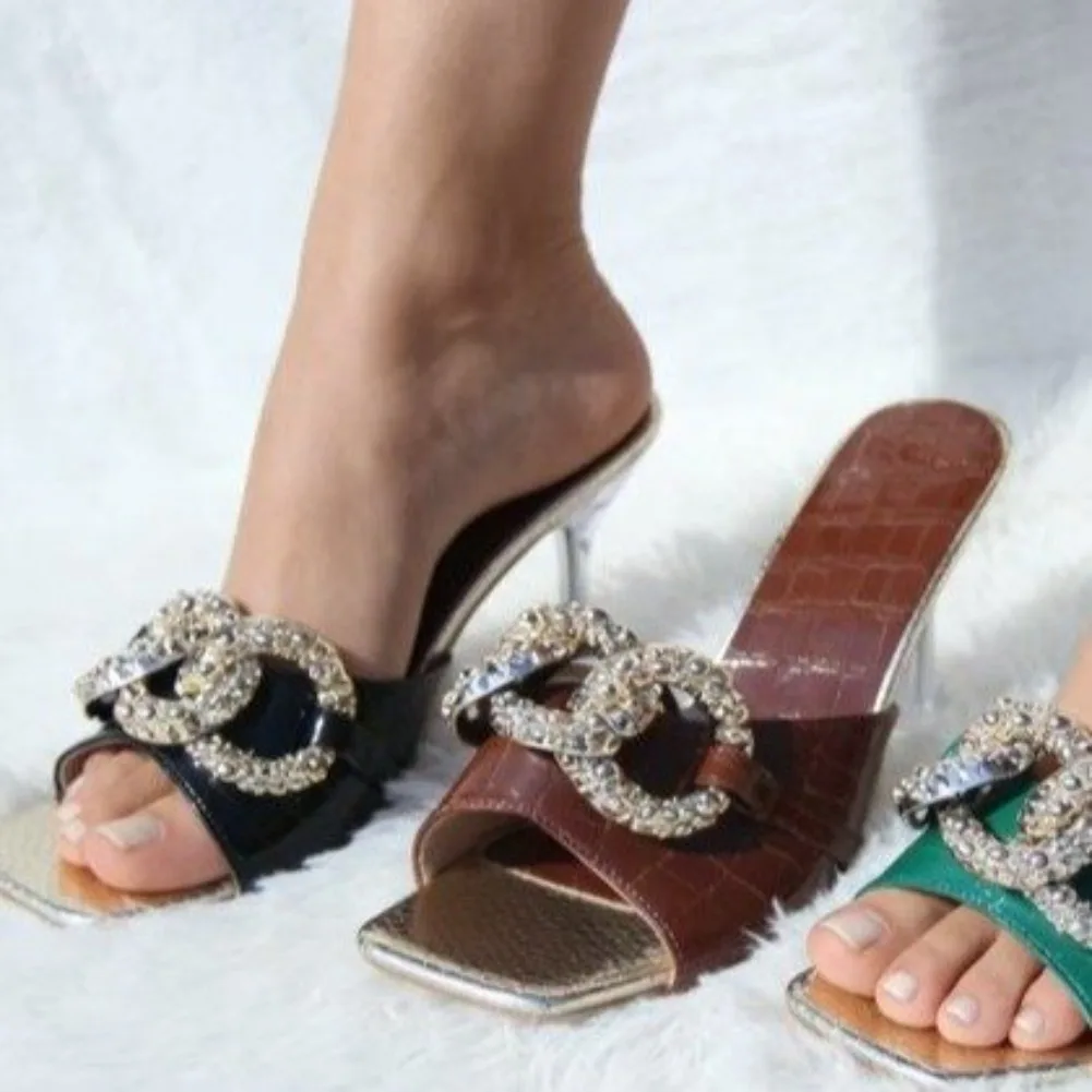2026 New Rhinestone Square Toe High Heel Sandals for Women, Stiletto Open Toe, Fashionable and Versatile Wedding and Party Shoes