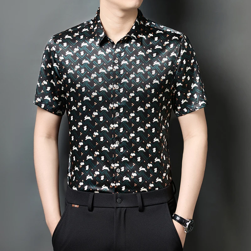 

Skin-Friendly Silk Blend Shirts For Men Short Sleeve Print Cool Summer Quality Smooth Comfortable Casual Lapel Camisas De Hombre