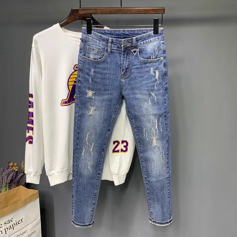 Jeans jeans casual masculino com buracos rasgados, calça justa, estilo coreano, roupas de luxo, novo design, moda, primavera, outono