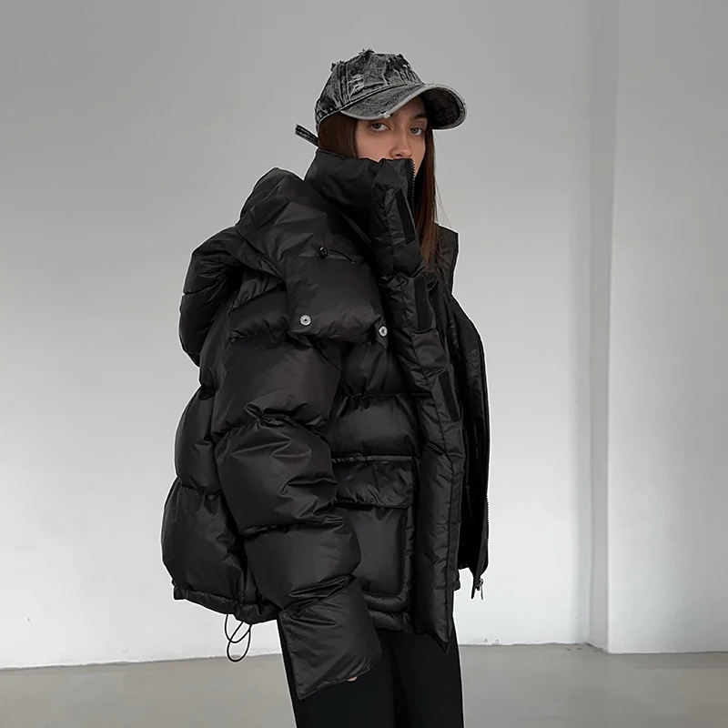 Kapuzenjacke mit Großen Taschen, Übergroße Gefütterte Jacken für Damen, Street-Style, Stehkragen, Lange Ärmel, Reißverschluss, Einfarbig, Lose Pufferjacken, Neue Oberbekleidung – Detail 27