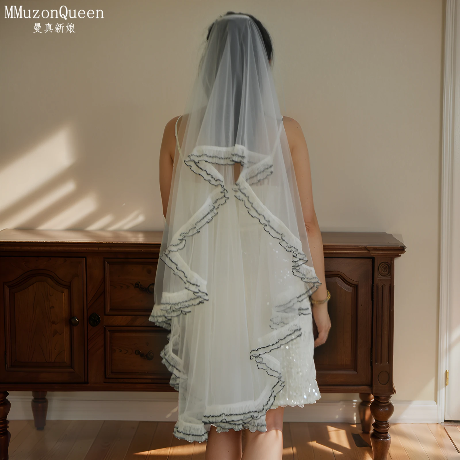 TOPQUEEN Wedding Veil Pleated Lace Bridal Veil De Novias Cream White Velo De Novias Wedding Accessories Customizable M86