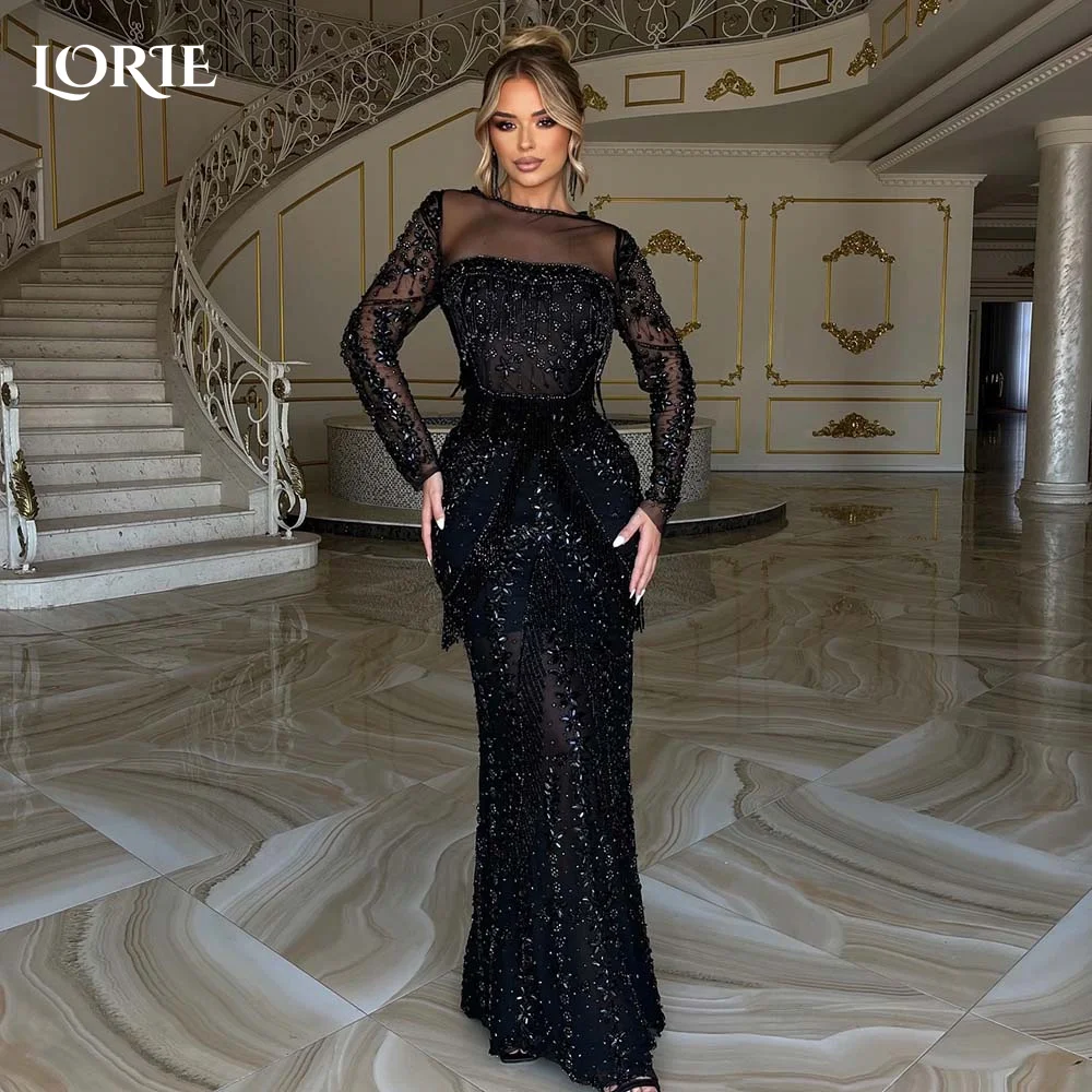 LORIE Black Saudi Formal Evening Dresses Long Sleeve Mermaid Shiny Prom Dress Saudi Women's Clebrity Party Gowns Muslim Dresses