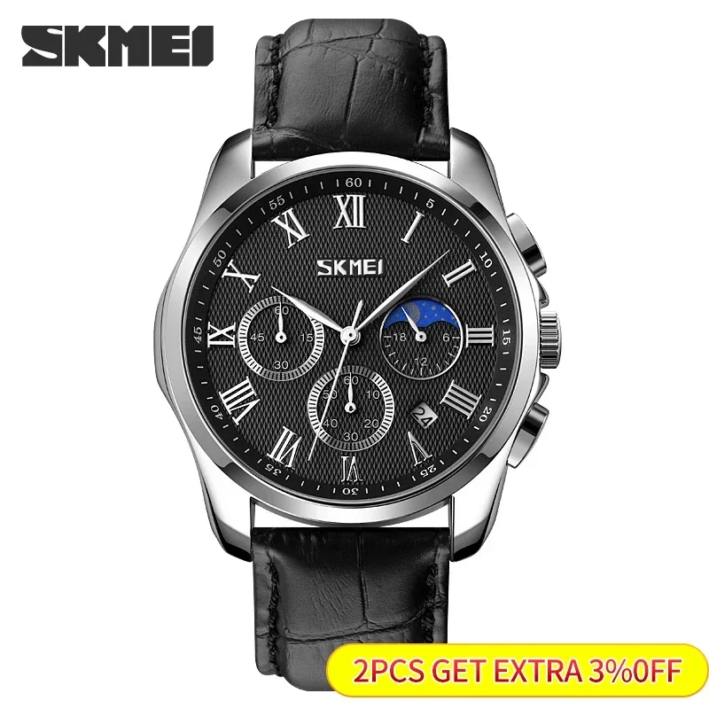 Skmei Casual Quartz Wristwatches Waterproof Stopwatch Date Clock Male Montre Homme Creative Moon Phase Sport Mens Watches 9260