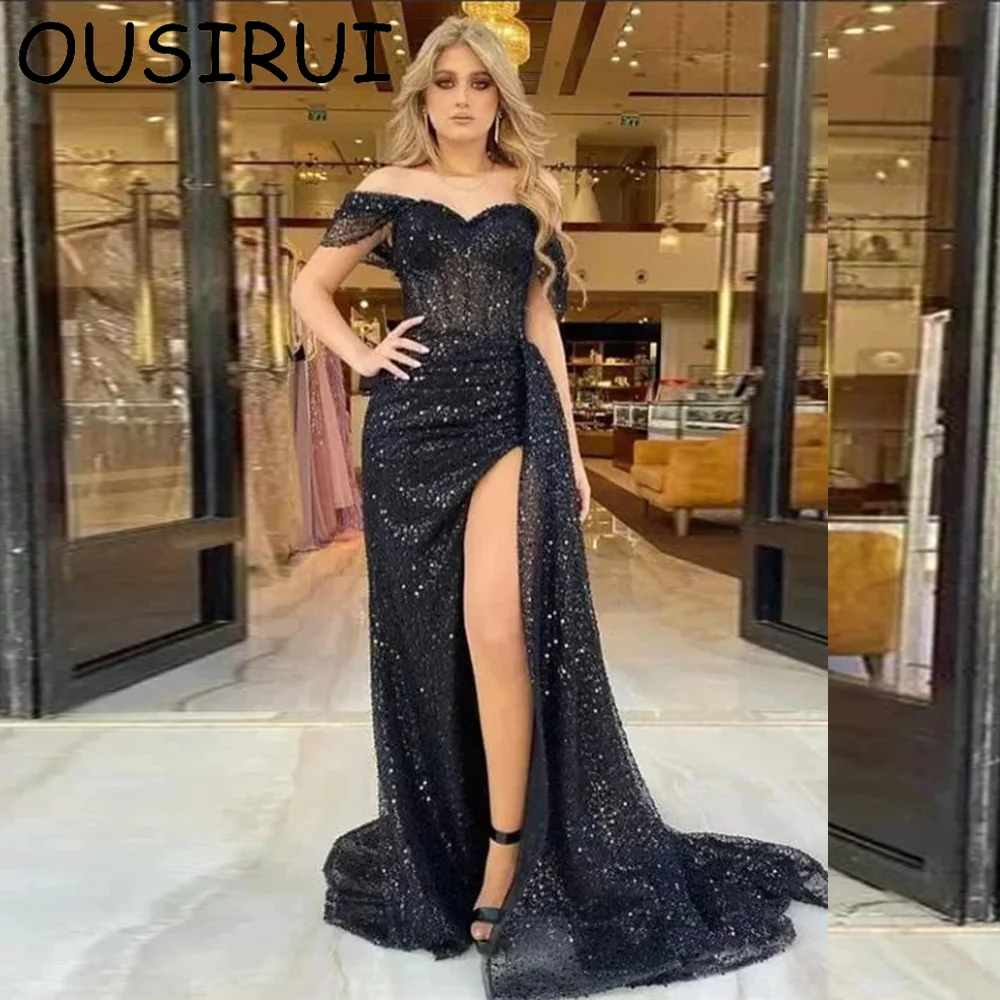 OUSIRUI Bling Sequins Off the Shoulder Pleated Formal Prom Party Dresses Mermaid Court Side Slit Prom Gown vestidos de festa
