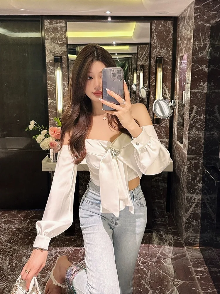 Short Off Shoulder Tops Women Lady Big Bow Knot Shirts Diamond Long Sleeve Blouse Party Dinner Banquet Shirts Vintage Palace Top