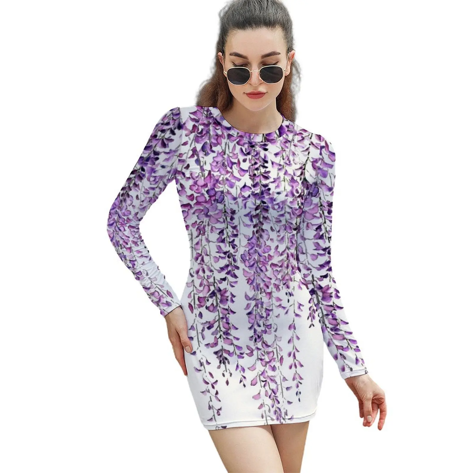 

hand painted purple wisteria in bloom Long-Sleeved Sheath Dress african dresses for woman Woman clothes Prom gown