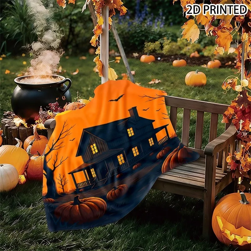 Spooky Halloween Haunted House Print Throw Blanket with Glowing Moon, Flying Bats And Pumpkin Scene, Cozy Small Nap Blanket in M