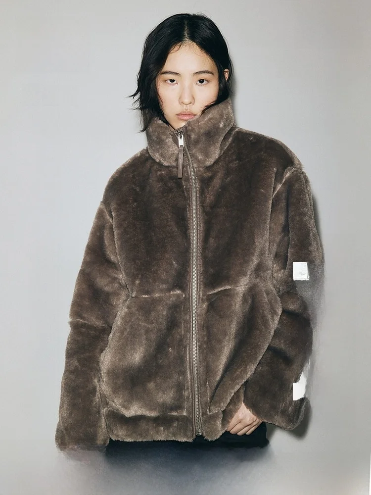 

H&M Women's Fur Coat Winter Warmth Zipper Collar Oversize Outerwear Polyester Fiber Casual Sle Large Size Edition