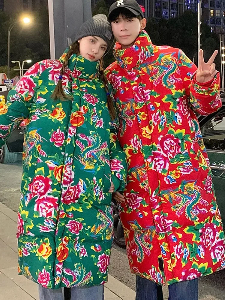 

Утепленная хлопковая куртка в военном стиле для пар, зимнее пальто средней длины с крупным цветочным принтом в стиле Северо-Востока, повседневная верхняя одежда