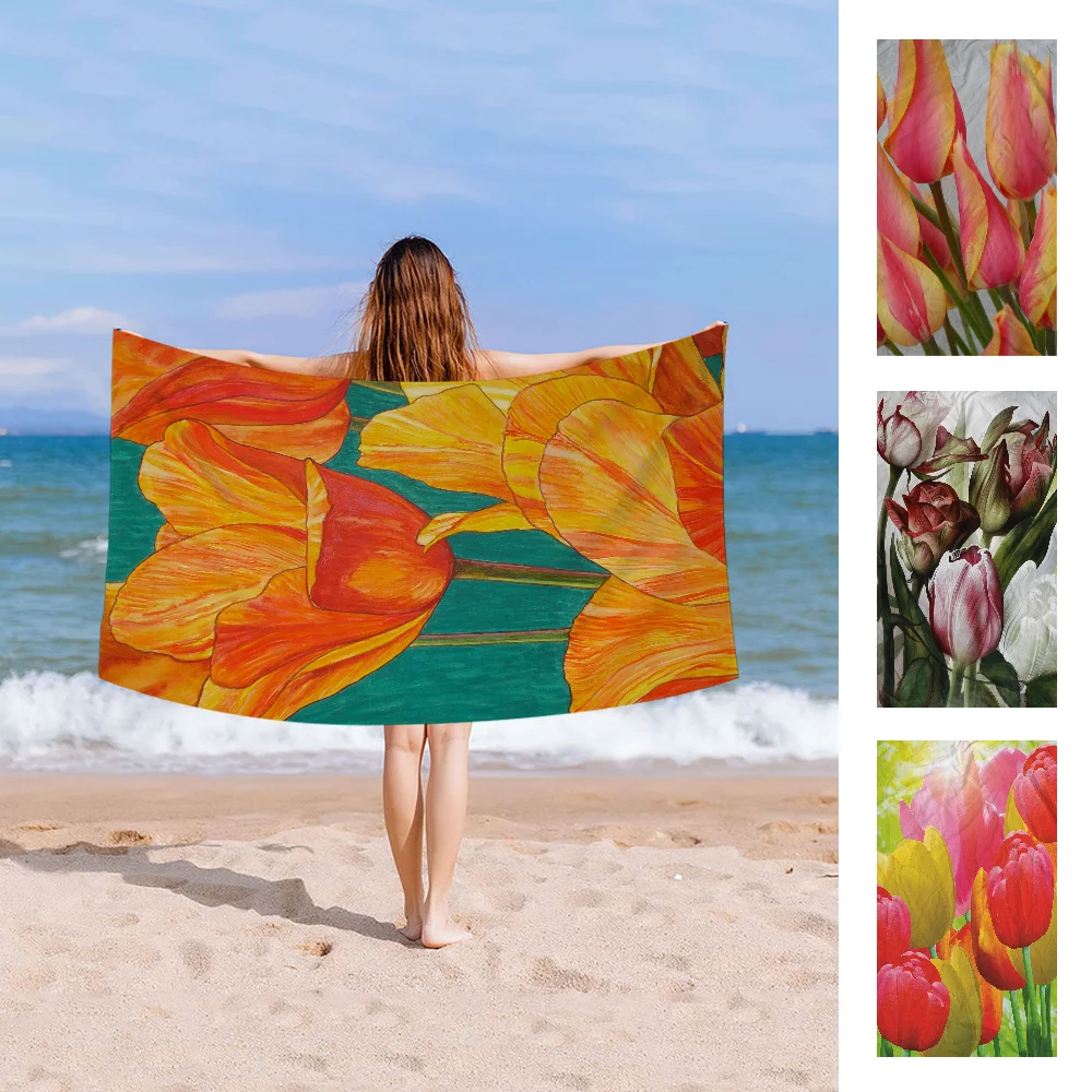 

Color Beautiful Tulip Beach Towels Shower Towel Sauna Travel Spa Microfiber Quick Dry Gym Accessories Cute Room Decor