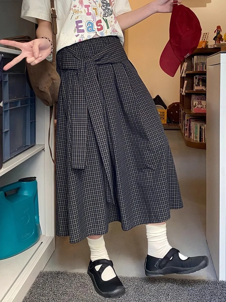 

Designer Folded Tie Plaid Long Skirts Women A-line Midi Skirts 2025 Korean Vintage Classic Maxi Skirt Harajuku Grey Retro Skirt