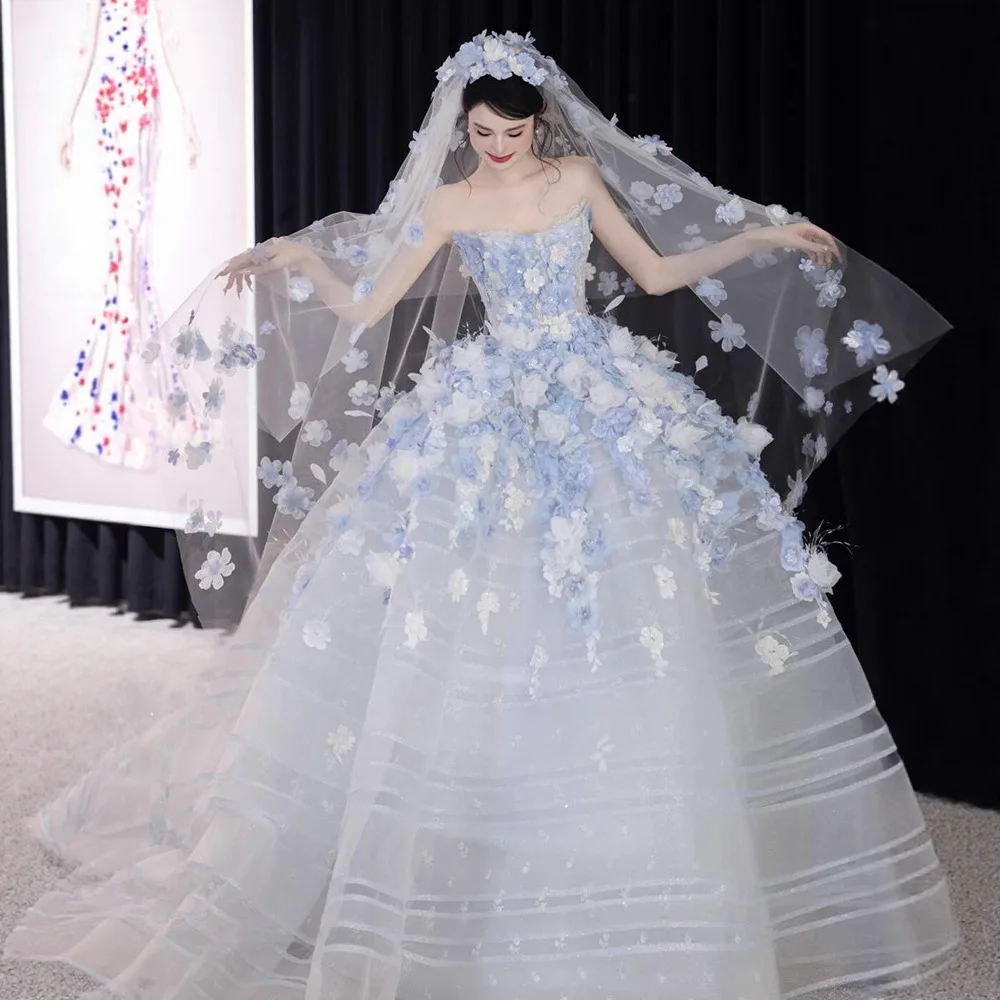 アイスブルーの花ウエディングドレスふわふわ妖精 Gilrs イブニングドレスオフショルダー 3D 花フォーマルドレス婚約ウェディングドレス